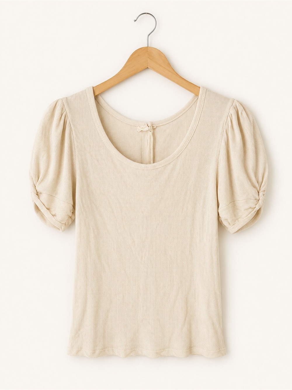 Hem & Thread Cream Waffle Knit Puff Sleeve Top Size Small NWT
